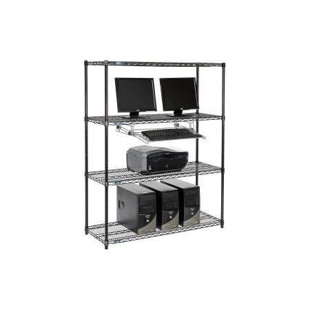 Global Equipment Nexel     4-Shelf Wire Computer LAN Workstation with Keyboard Tray, 48"W x 18"D x 63"H, Black 695402BK